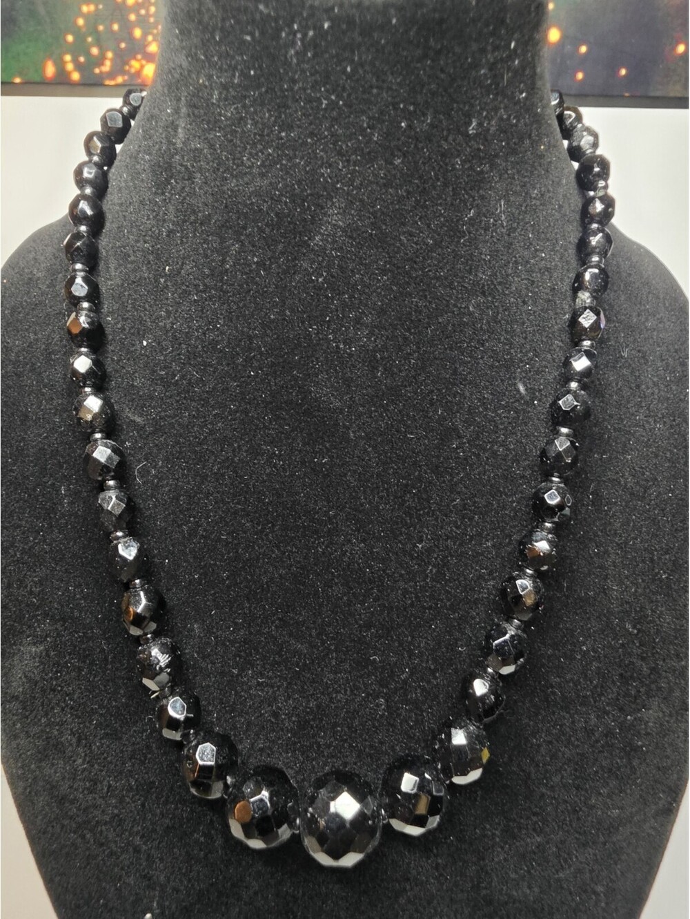 Vintage Black Glass Jet Faceted Bead Graduated Necklace 16"